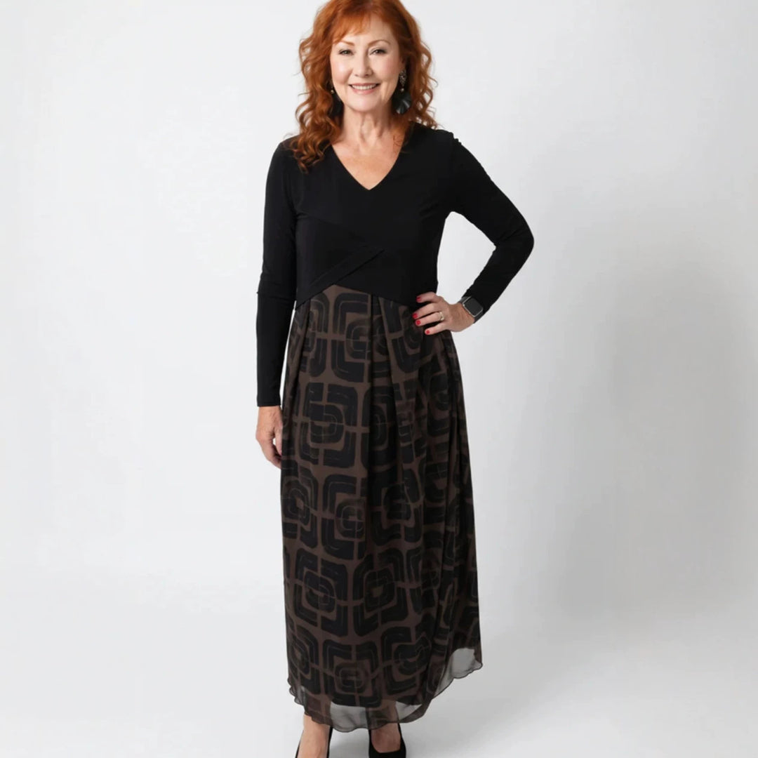 Ladies' V-neck Maxi Dress with Fitted Wrap Top and Transparent Patterned Overlay Skirt StylebySassy