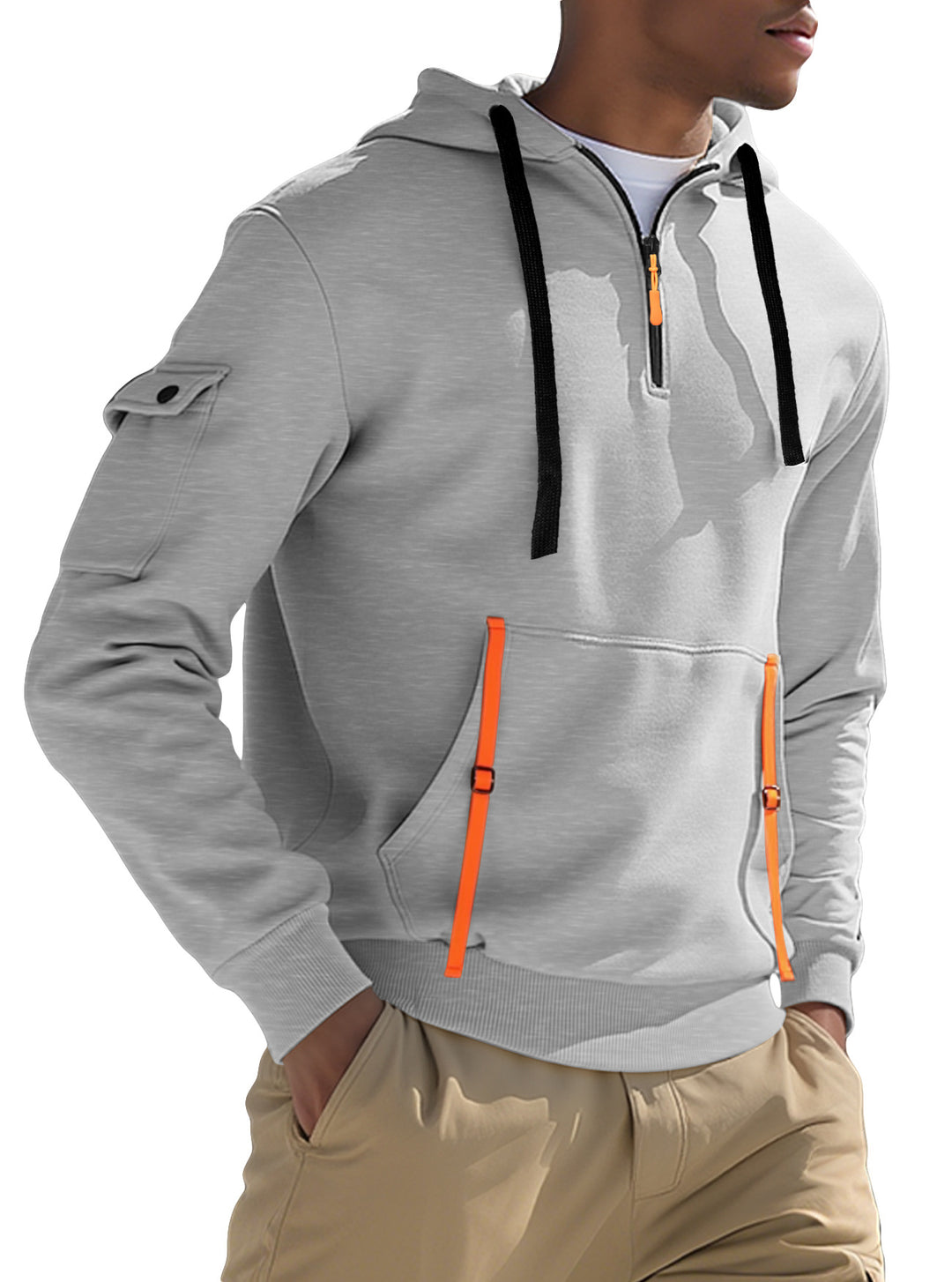 Men's Nano Urban Tech Hooded Half-Zip Pullover with Utility Arm Pocket, Kangaroo Pocket, and Adjustable Zipper Tapes StylebySassy