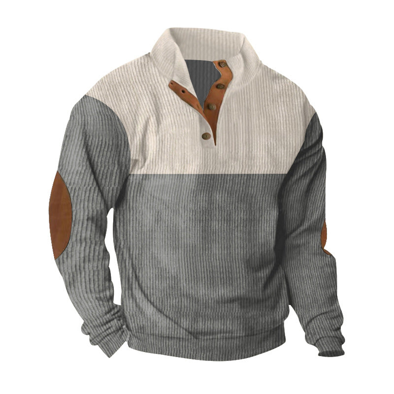 Men's casual knitted sweater with button placket, stand-up collar and elbow patches StylebySassy