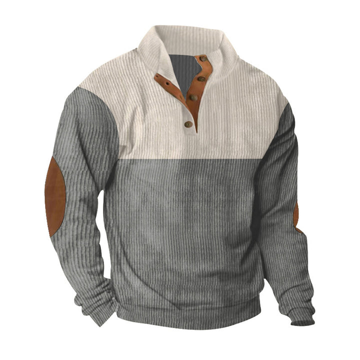 Men's casual knitted sweater with button placket, stand-up collar and elbow patches StylebySassy