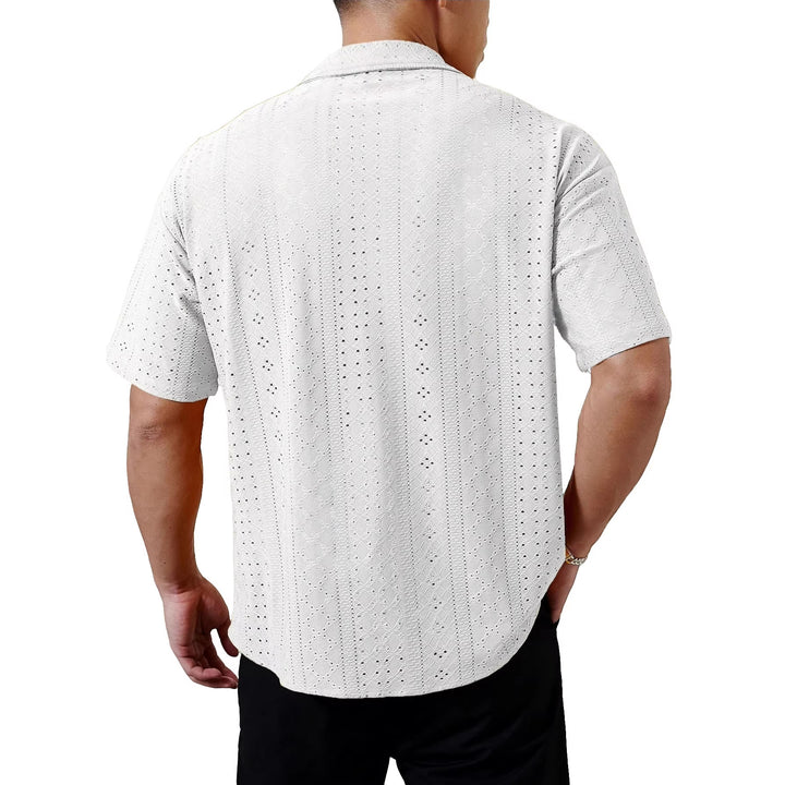 Men's short-sleeve casual shirt with openwork embroidery, lapel collar and relaxed fit StylebySassy
