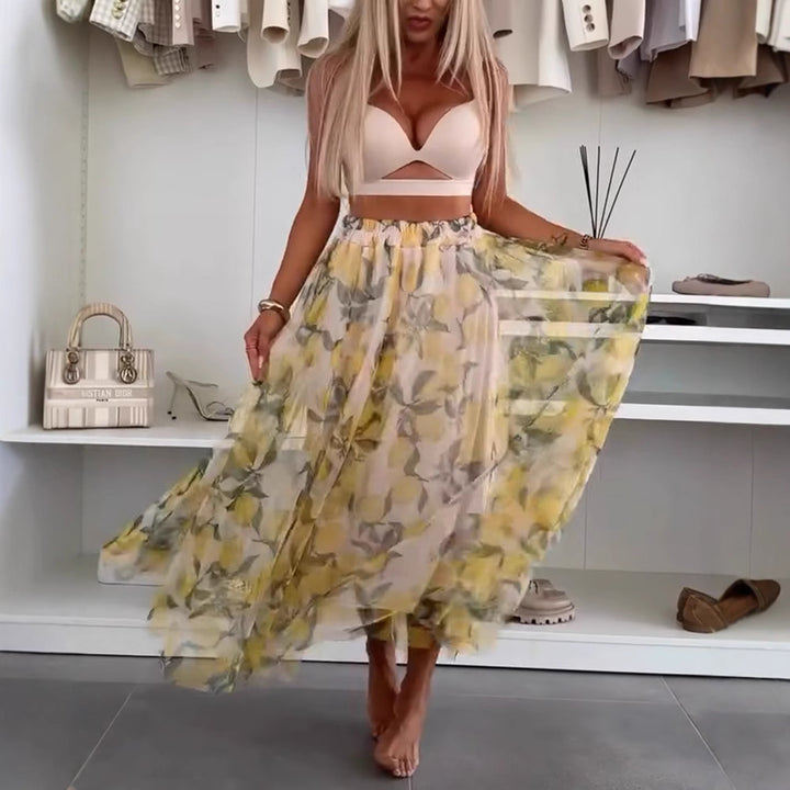 Women's flowing maxi skirt with layered chiffon overlay, elastic waistband and fine floral print StylebySassy