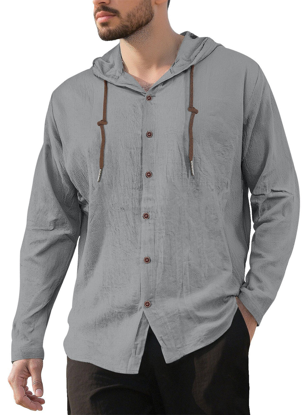 Men's hooded shirt in linen look with button placket and drawstring StylebySassy
