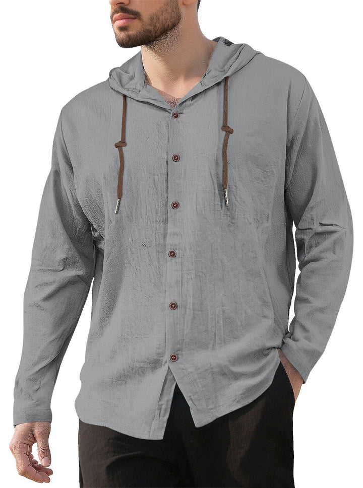 Men's hooded shirt in linen look with button placket and drawstring StylebySassy