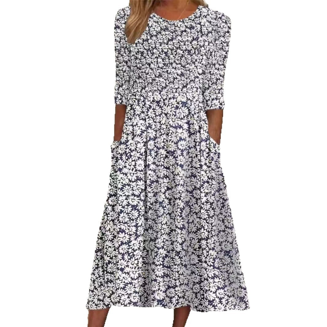 Ladies nan midi dress with smocked bodice, gathered waist and side pockets StylebySassy