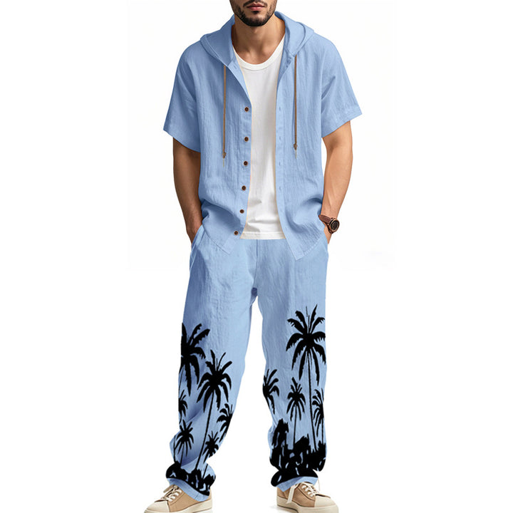 Men's casual summer ensemble with hoodie and wide palm motif pants StylebySassy