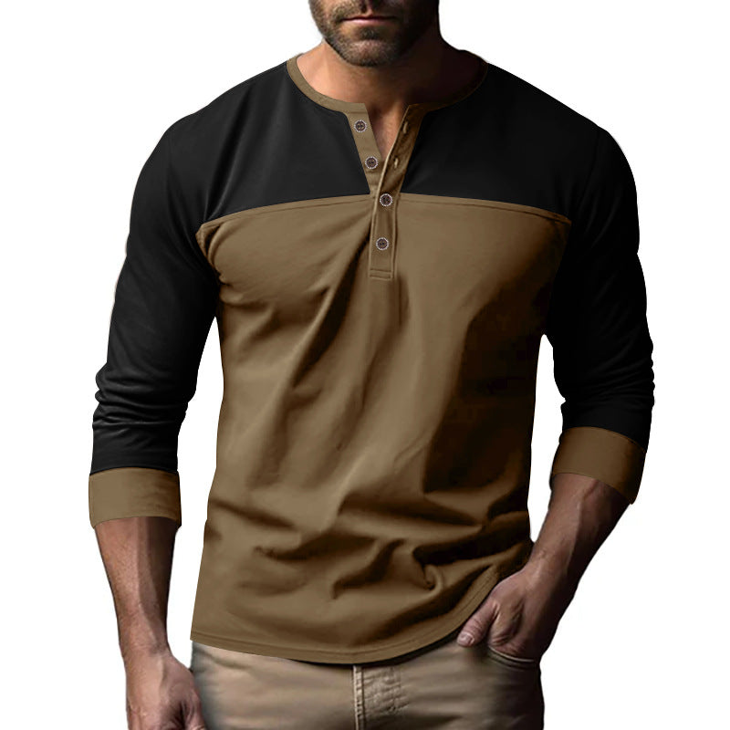 Men's long-sleeved Henley shirt with contrasting yoke, short button placket, and ribbed cuffs StylebySassy