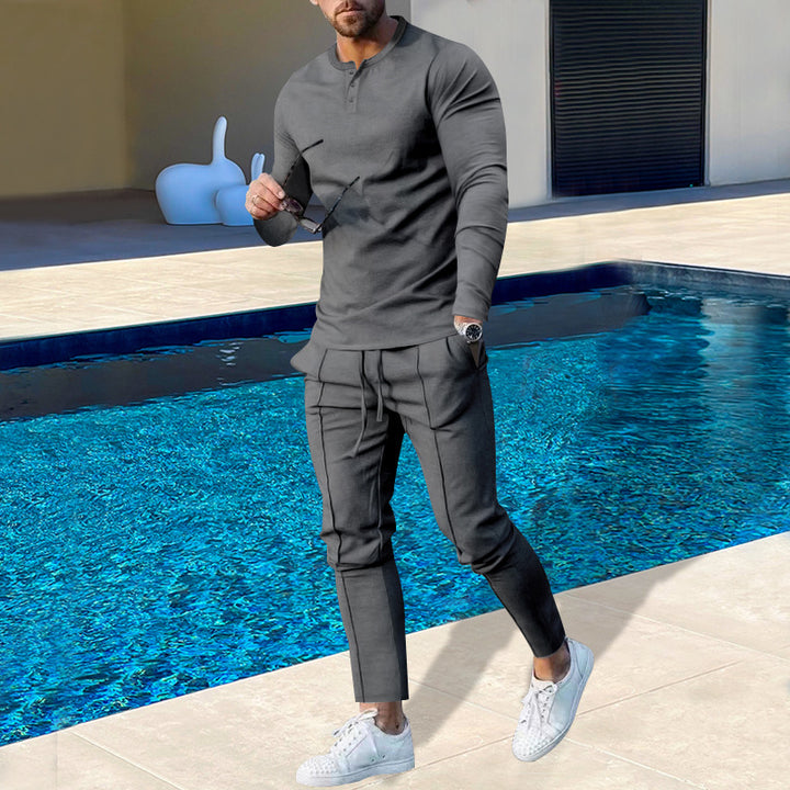Men's nano athletic Henley long sleeve shirt and tapered jogging pants with decorative seams StylebySassy