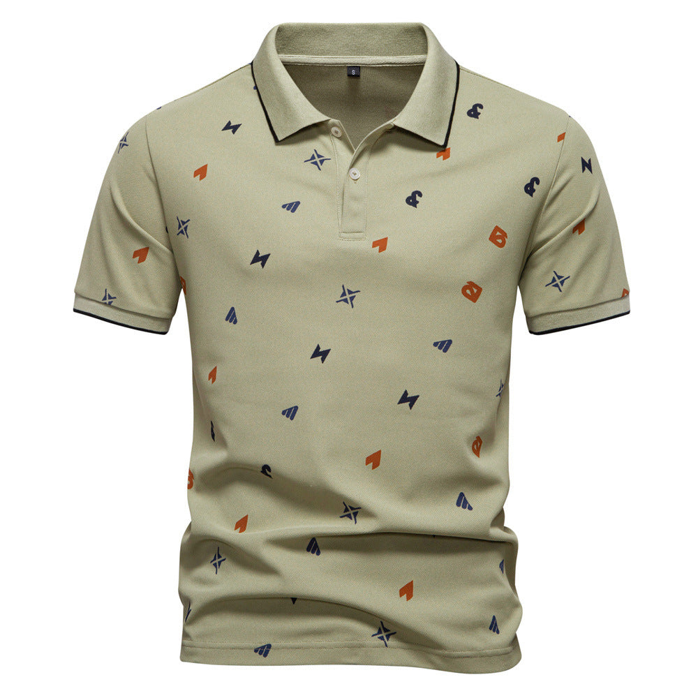 Men's short-sleeved pique polo shirt with geometric all-over print, kent collar, and contrast trim StylebySassy