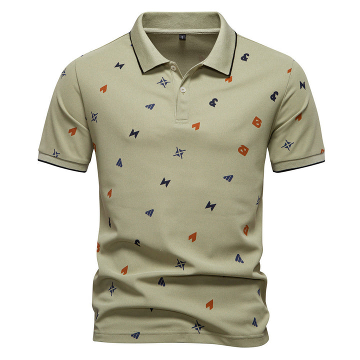 Men's short-sleeved pique polo shirt with geometric all-over print, kent collar, and contrast trim StylebySassy