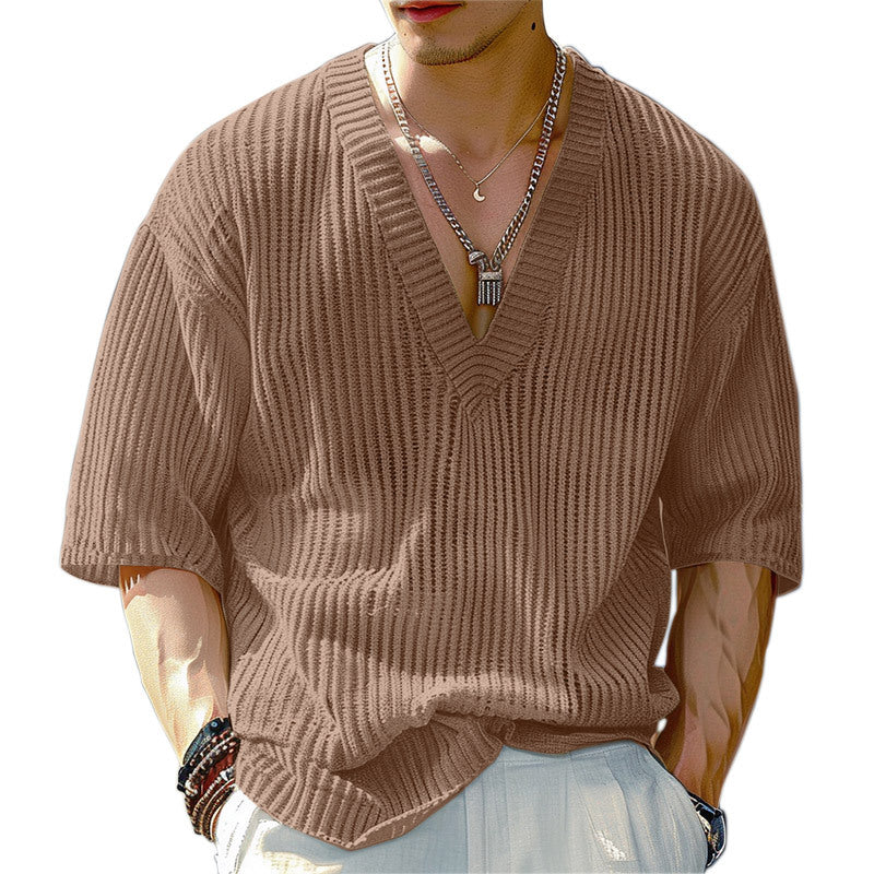 Women's oversized V-neck knit top with textured ribbed look and half-length sleeves StylebySassy