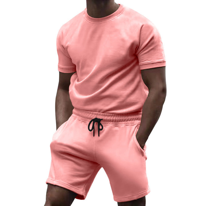 Men's short-sleeve sweat set made of soft sweatshirt fabric with a round neck shirt and drawstring shorts StylebySassy