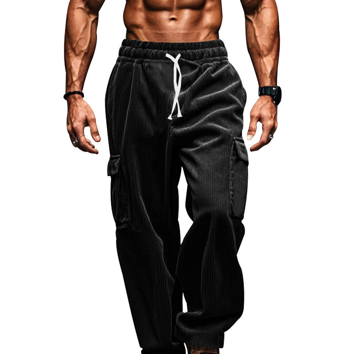 Men's oversized corduroy cargo pants with elastic drawstring waistband and multiple pockets StylebySassy