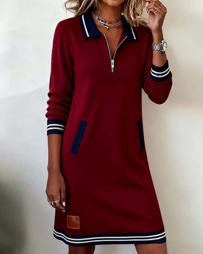 Women’s sporty-elegant sweatshirt dress with polo collar, half-length zipper, elastic contrast cuffs, and side pockets StylebySassy