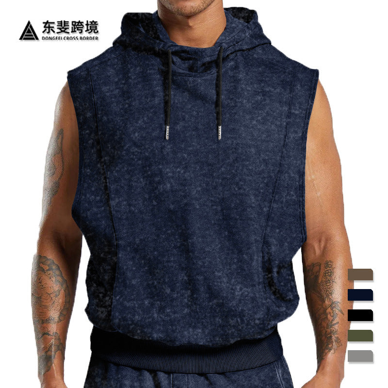 Men's sleeveless hoodie in stone-wash look with deep armholes and ribbed hem StylebySassy