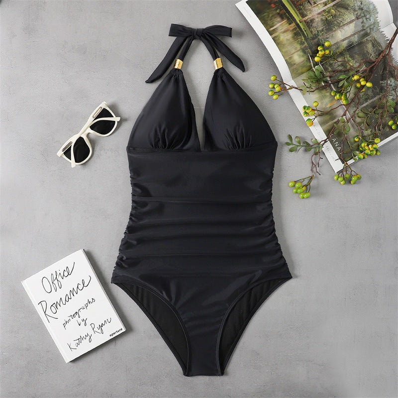 Women's One-Piece Swimsuit with Deep V-Neck and Refined Ruffles