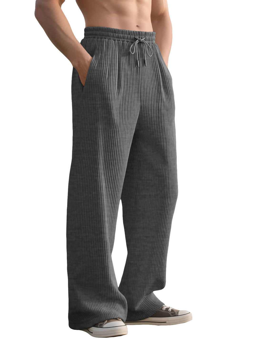 Men's straight cut corduroy velour pants with drawstring waistband, metal drawstring ends, and deep side pockets StylebySassy
