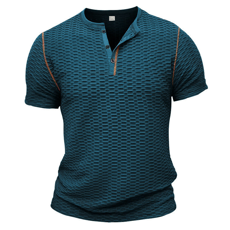 Men's structured short-sleeve henley with three-dimensional relief structure, reinforced button placket, and contrast piping StylebySassy