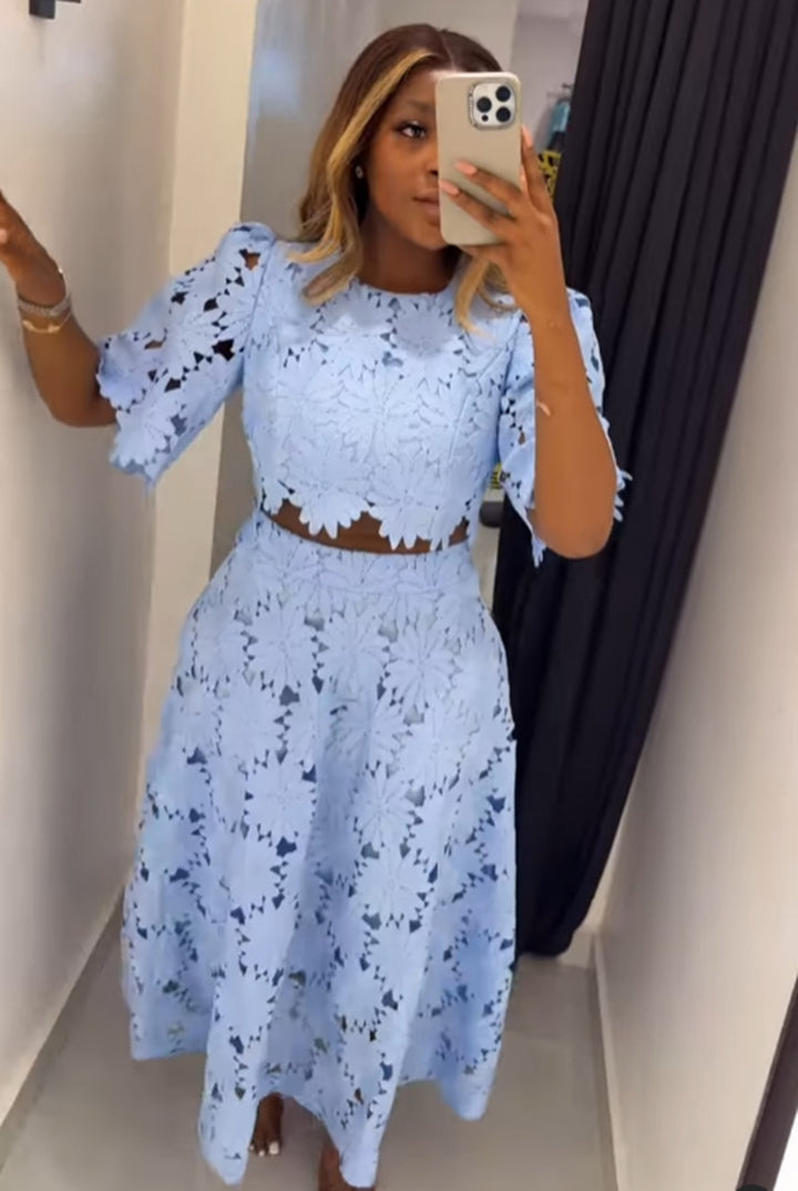 Ladies two-piece guipure lace set with cropped blouse and flared midi skirt StylebySassy