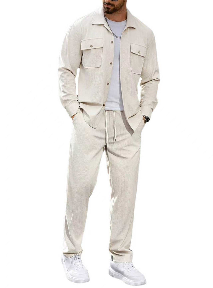 Men's casual two-piece shirt jacket with applied chest pockets and drawstring pants StylebySassy