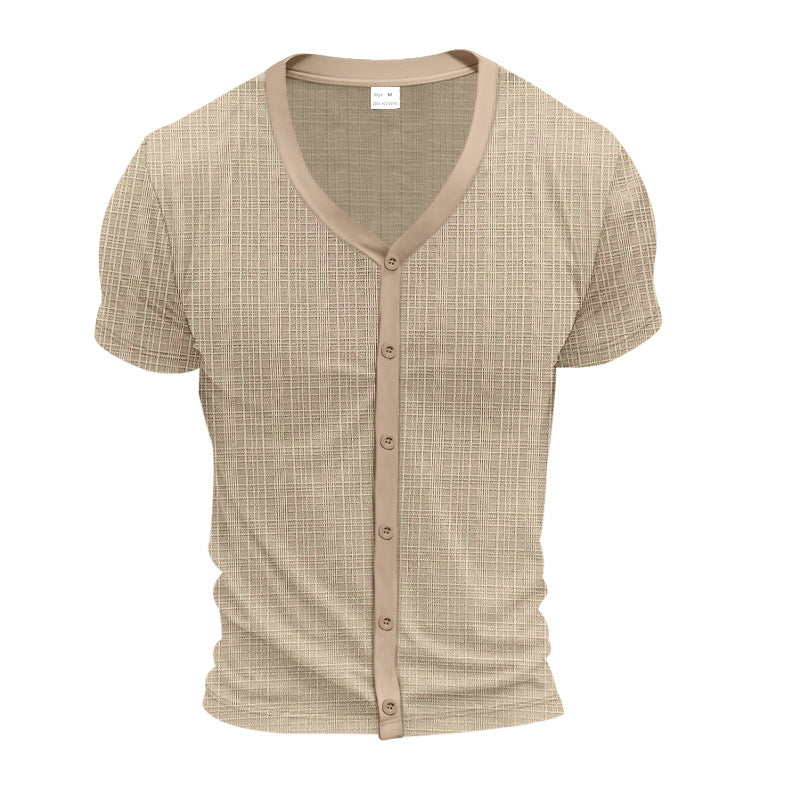 Men's short-sleeve fine knit cardigan with V-neck and continuous button placket StylebySassy