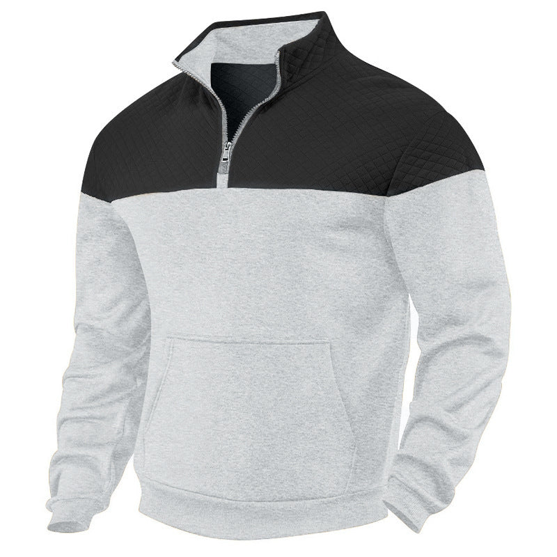 Men's quilted shoulder yoke half-zip sweater with kangaroo pocket and stand collar StylebySassy