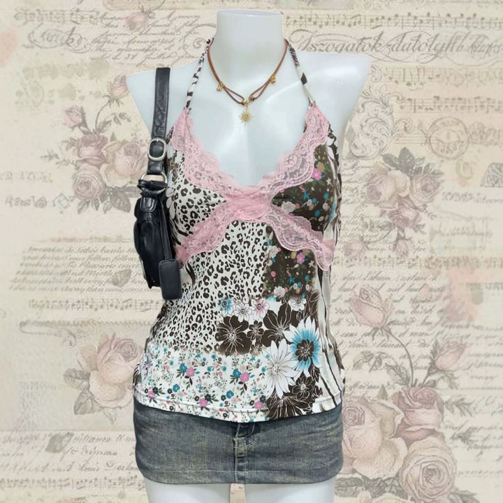 Women Playful Halter Top with Floral and Leopard Pattern StylebySassy