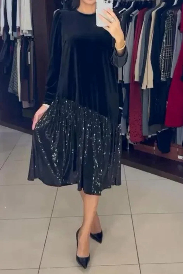 Women's Velvet Midi Dress with Pleated Sequin Skirt, Loose A-Line Cut and Round Neckline StylebySassy