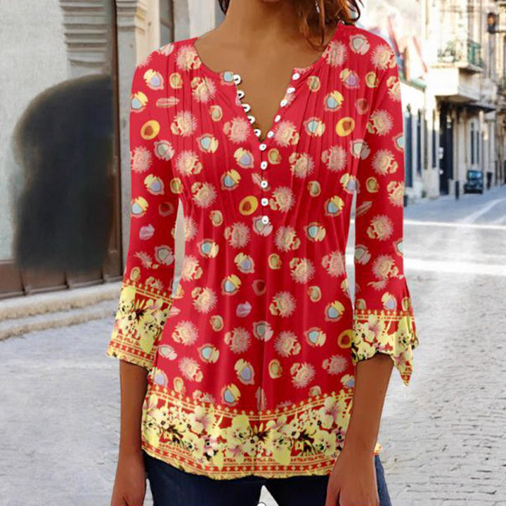 Women nan lightweight Boho blouse with V-neck, decorative pleats, button placket and three-quarter sleeves StylebySassy