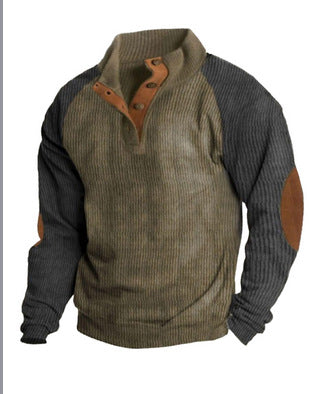 Men's two-tone ribbed troyer with asymmetrical button placket and velour elbow patches StylebySassy