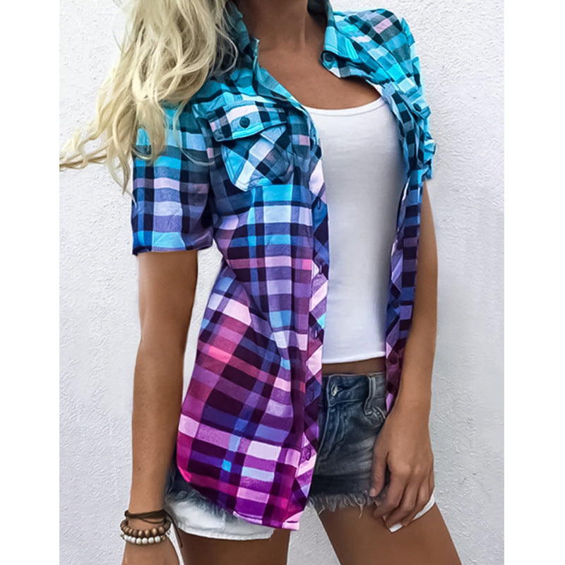Women's long cut Karo shirt with applied breast pockets and casual summer fit StylebySassy
