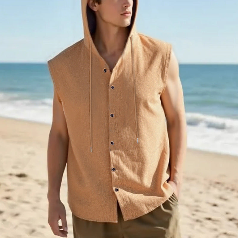 Men's sleeveless hooded shirt in linen look with wooden button placket StylebySassy
