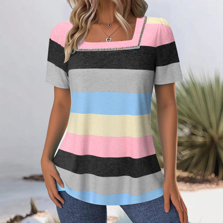 Women's striped jersey long shirt with square neckline and casual hip length StylebySassy