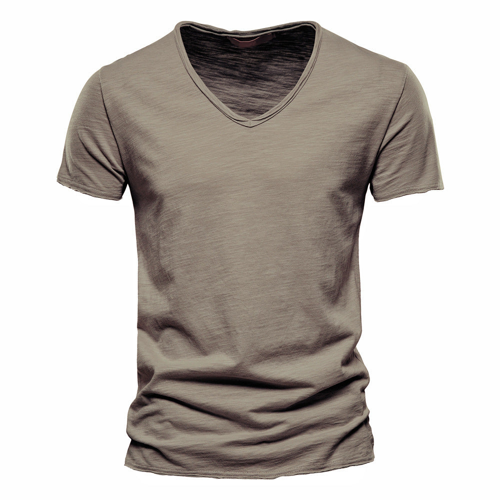 Men's light cotton jersey short-sleeve shirt with V-neck and slim fit StylebySassy