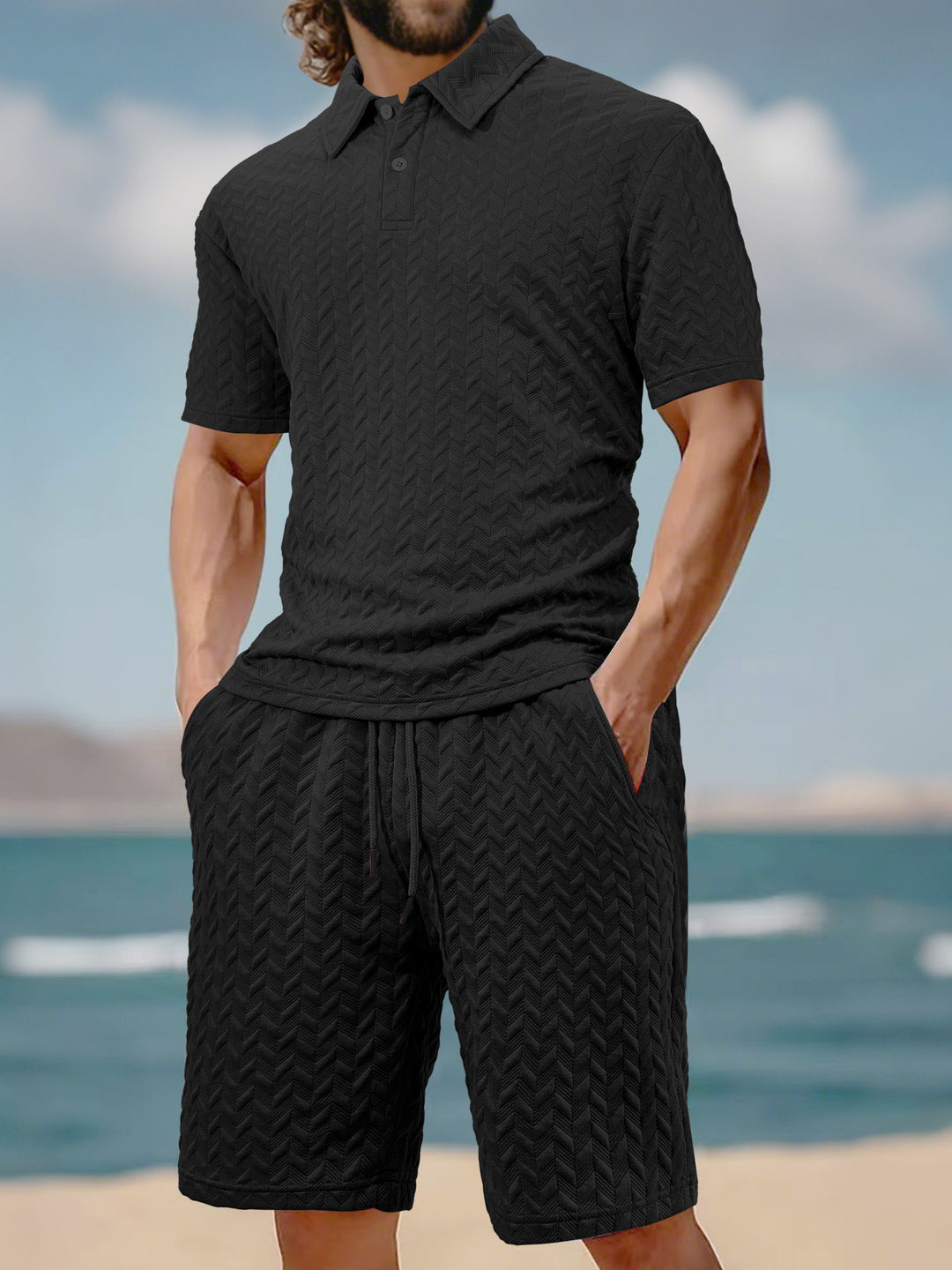 Men's embossed beach ensemble with open short sleeve shirt and cord Bermuda StylebySassy