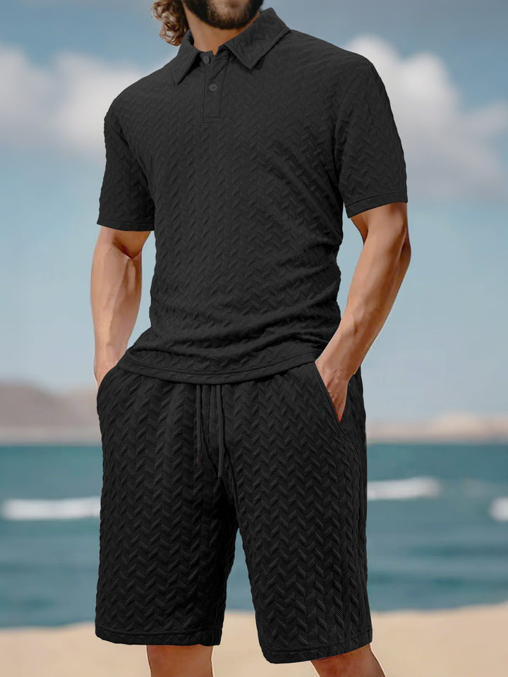 Men's embossed beach ensemble with open short sleeve shirt and cord Bermuda StylebySassy