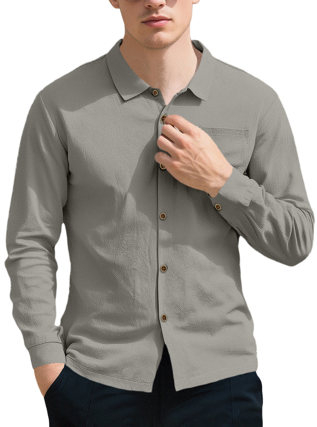 Men's breathable structured business shirt with breast pocket wooden button placket and ergonomic shoulder fit StylebySassy