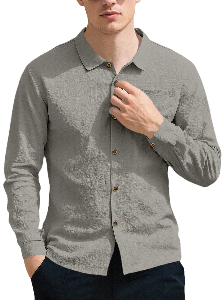 Men's breathable structured business shirt with breast pocket wooden button placket and ergonomic shoulder fit StylebySassy