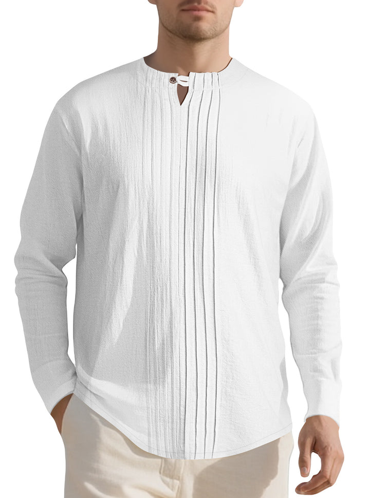 Men's Naan light structured tunic shirt with stand-up collar, pleats and loop button StylebySassy