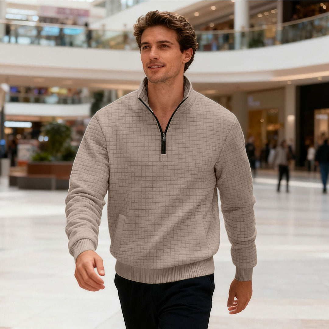 Men's quilted half-zip sweater with square waffle texture and kangaroo pocket StylebySassy