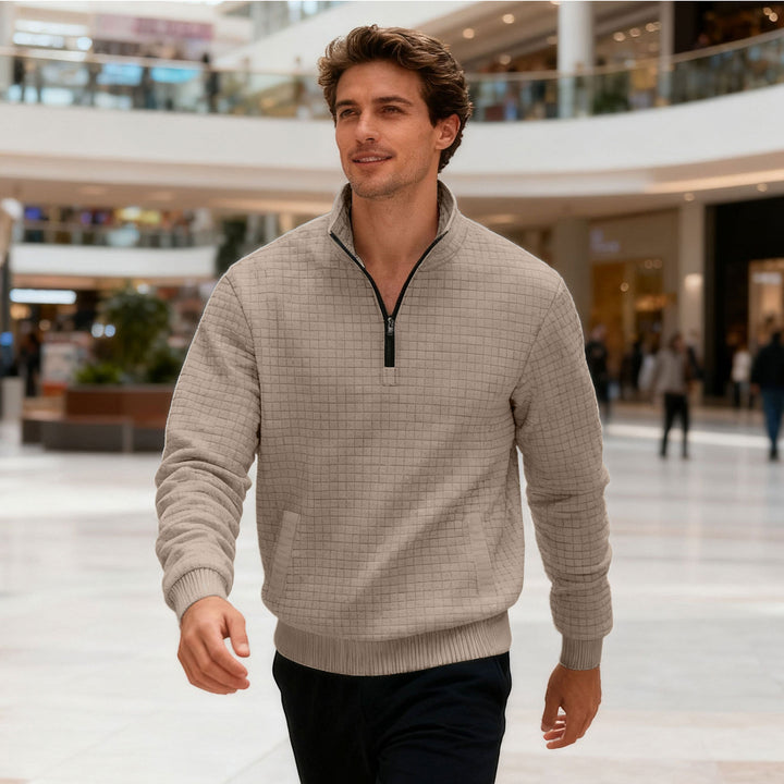 Men's quilted half-zip sweater with square waffle texture and kangaroo pocket StylebySassy
