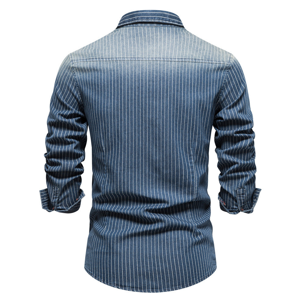 Men's tailored long-sleeve denim shirt with pinstripes and patch pockets StylebySassy
