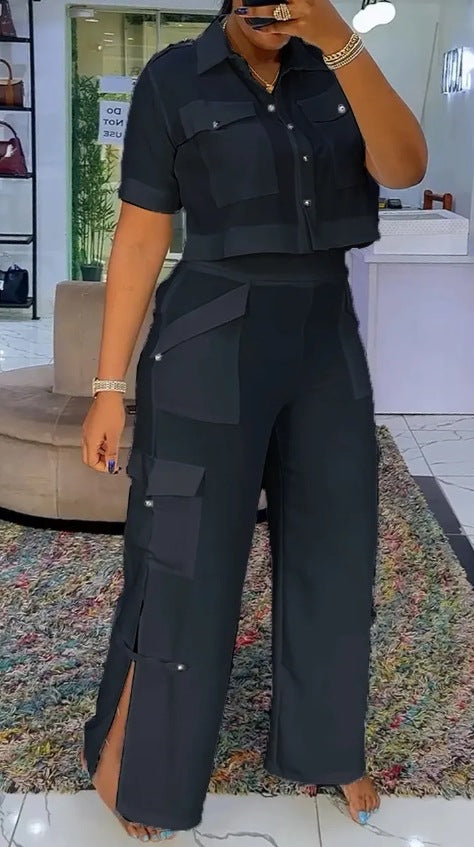 Women's two-piece shirt and cargo pants set with short oversized shirt, high waist, wide leg, and side leg slits StylebySassy