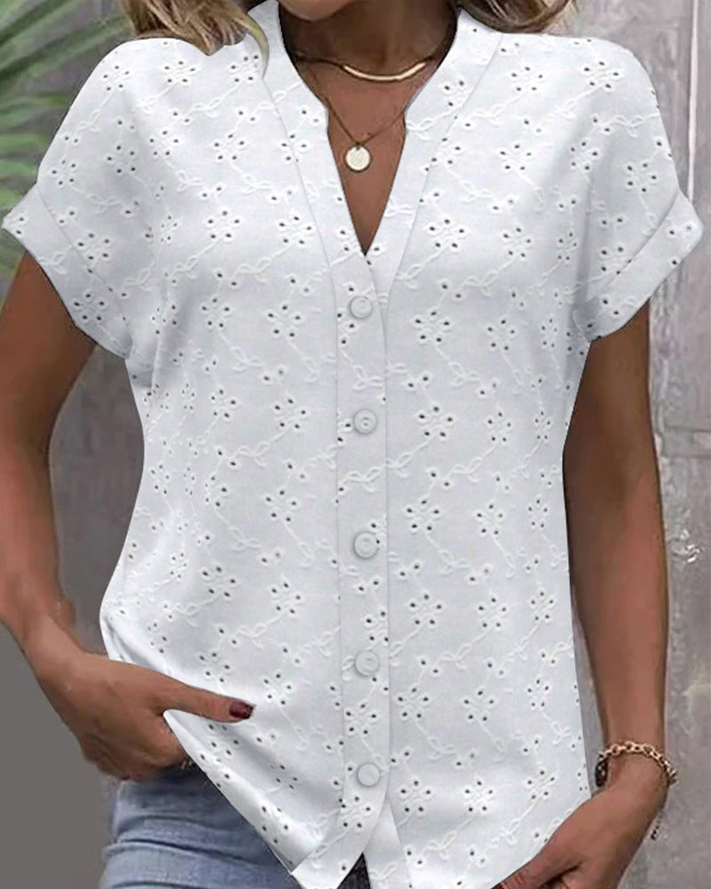 Women's light ajour lace blouse with V-neck, continuous button placket, and rolled short sleeves StylebySassy