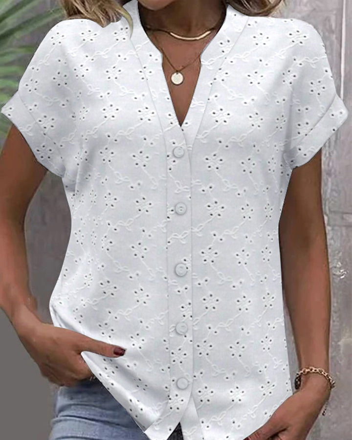 Women's light ajour lace blouse with V-neck, continuous button placket, and rolled short sleeves StylebySassy
