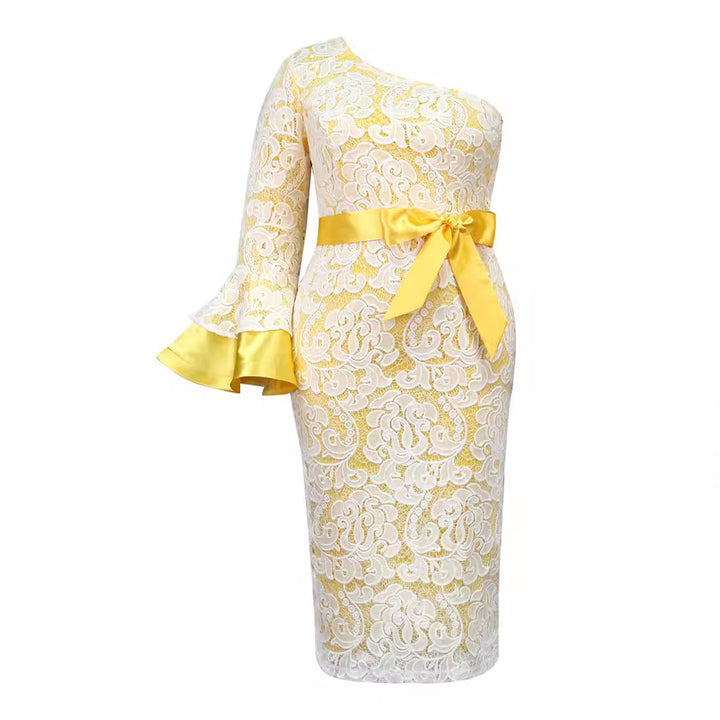 Women's lace dress with asymmetric cut and elegant flounce sleeves StylebySassy