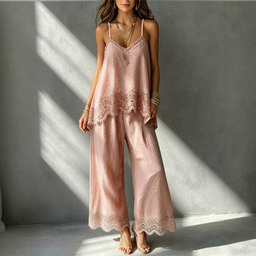 Ladies lightweight two-piece set with spaghetti strap top, intricate lace hem, and wide palazzo pants StylebySassy
