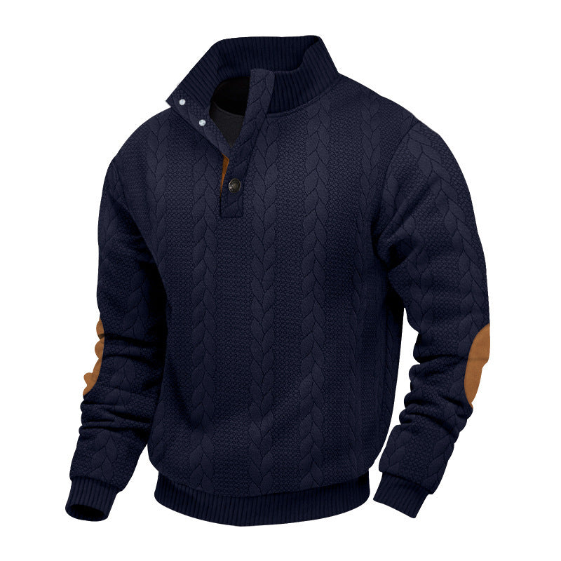 Men's cable knit turtleneck with stand-up collar, half button placket, and contrasting leather applications StylebySassy