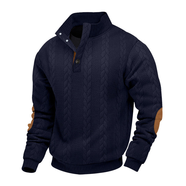 Men's cable knit turtleneck with stand-up collar, half button placket, and contrasting leather applications StylebySassy