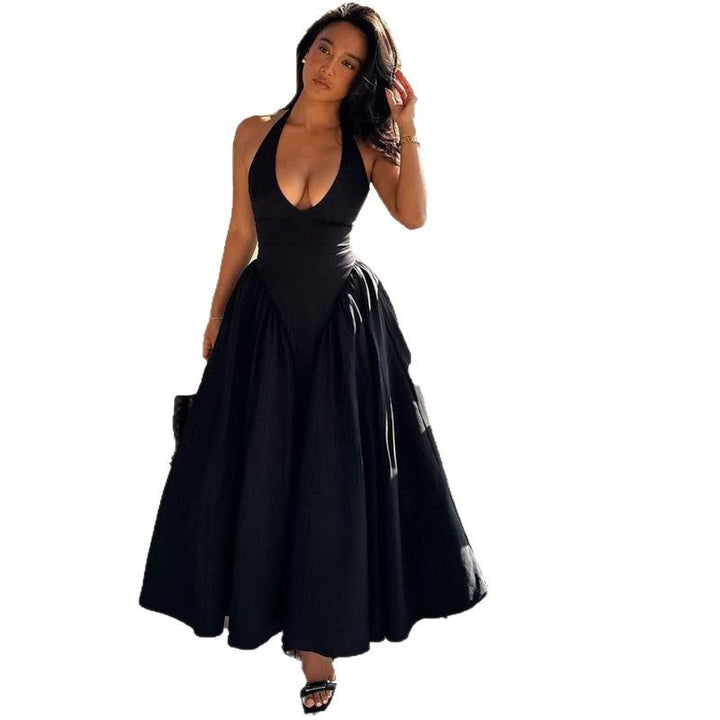 Women's figure-flattering halter bustier midi dress with tailored bodice and wide circle skirt StylebySassy